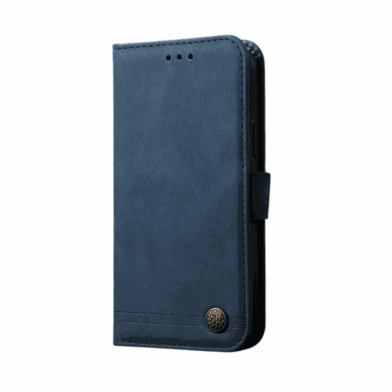 Samsung Galaxy flip wallet case in textured navy blue leather-look material with stitched edges and a decorative metal button