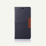 Samsung Galaxy navy leather-look flip wallet case with stitched detailing and a brown side clasp