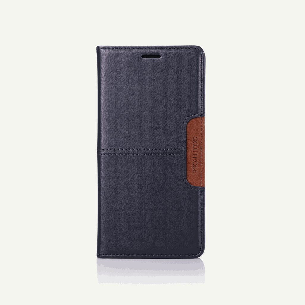 Samsung Galaxy navy leather-look flip wallet case with stitched detailing and a brown side clasp