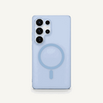 Samsung Galaxy case in pale blue frosted matte finish with a raised multi-lens camera rim and circular magnetic ring