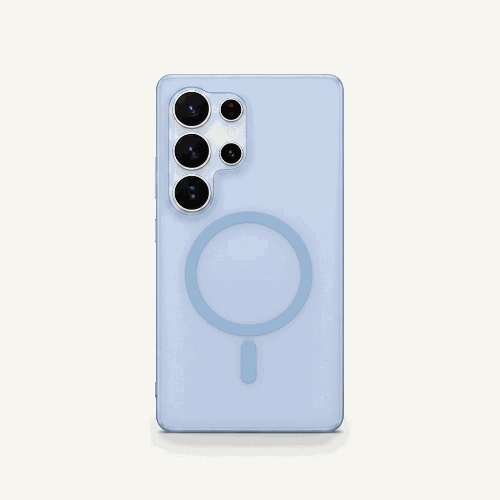 Samsung Galaxy case in pale blue frosted matte finish with a raised multi-lens camera rim and circular magnetic ring