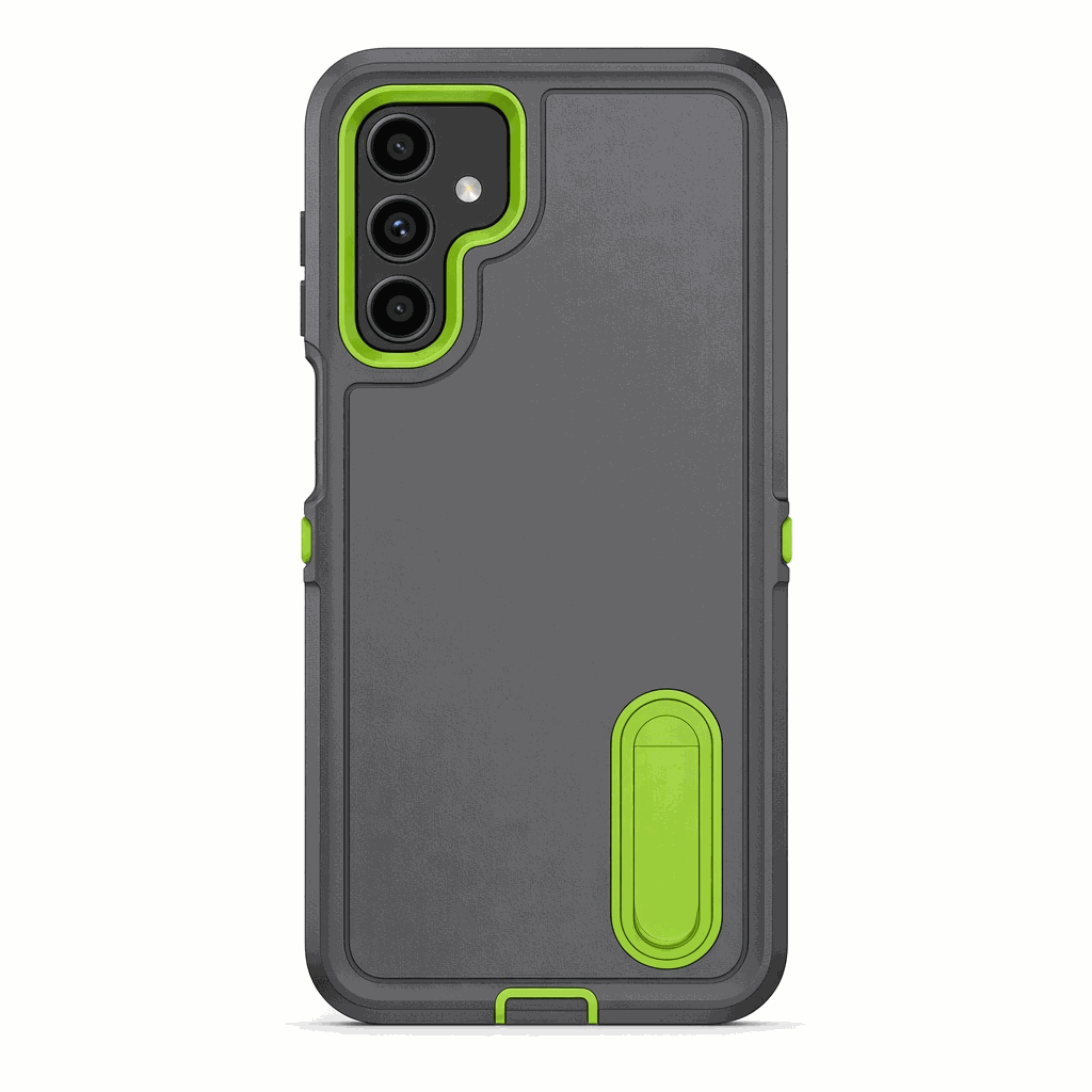 Samsung Galaxy - Phone Case in charcoal gray with a matte finish, lime green camera trim and built-in kickstand