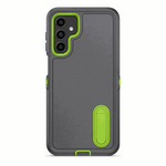 Samsung Galaxy - Phone Case in charcoal gray with a matte finish, lime green camera trim and built-in kickstand