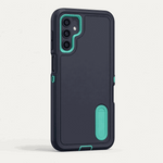 Samsung Galaxy - Phone Case in dark charcoal with turquoise accents, a raised camera rim and built-in kickstand