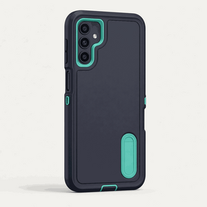 Samsung Galaxy - Phone Case in dark charcoal with turquoise accents, a raised camera rim and built-in kickstand