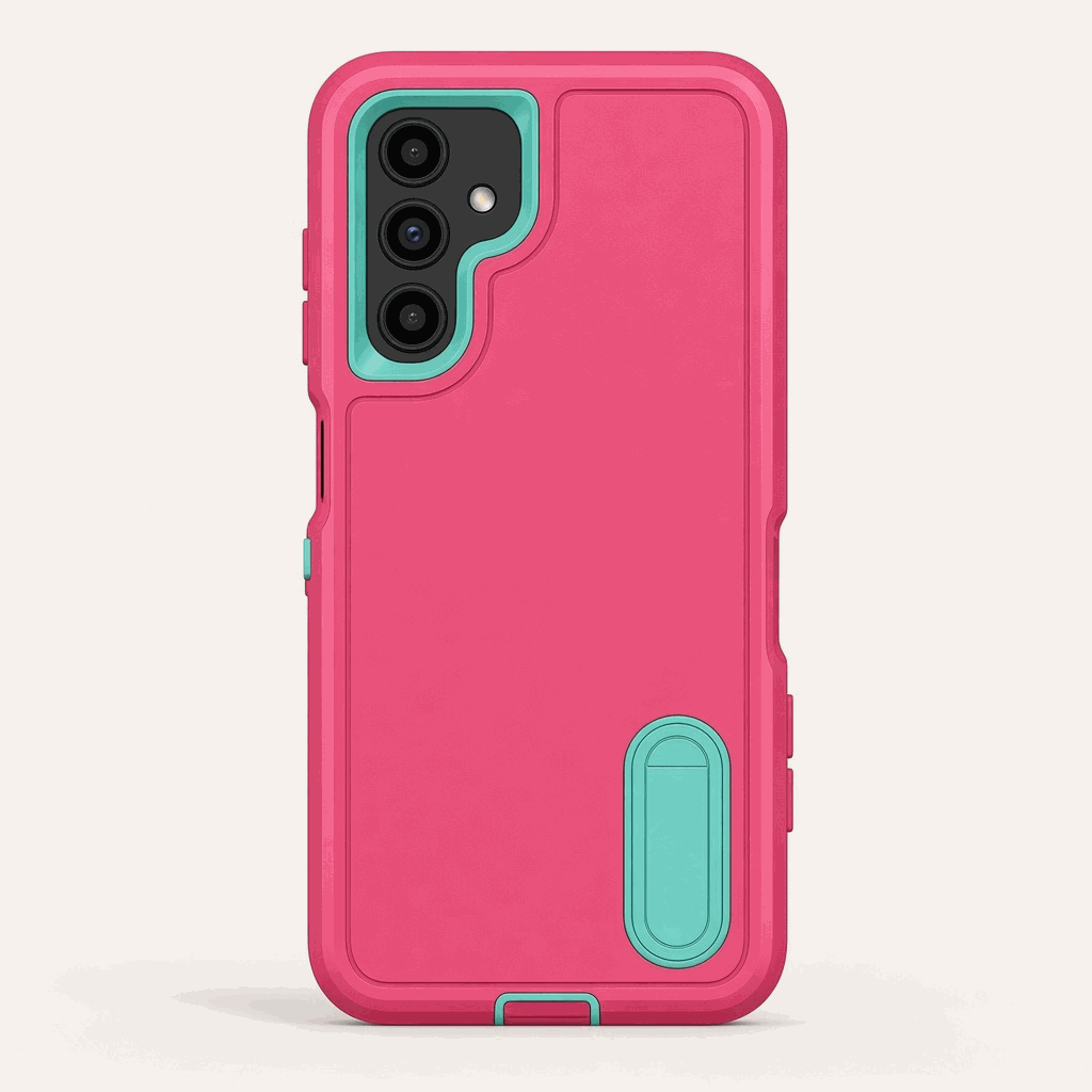 Samsung Galaxy - Phone Case in bright pink matte finish with turquoise camera trim and built-in kickstand