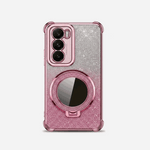 Samsung Galaxy phone case in pink glitter with a reflective circular mirror ring and fold-out stand