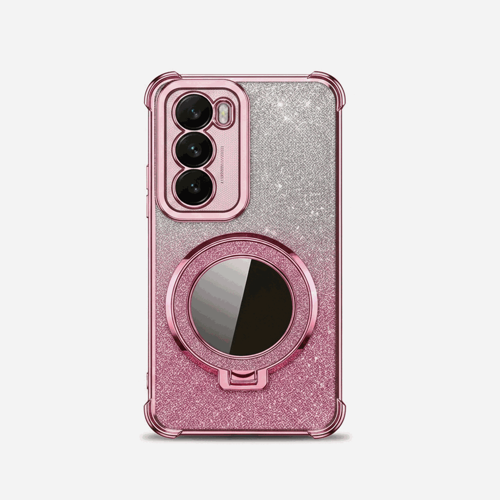 Samsung Galaxy phone case in pink glitter with a reflective circular mirror ring and fold-out stand