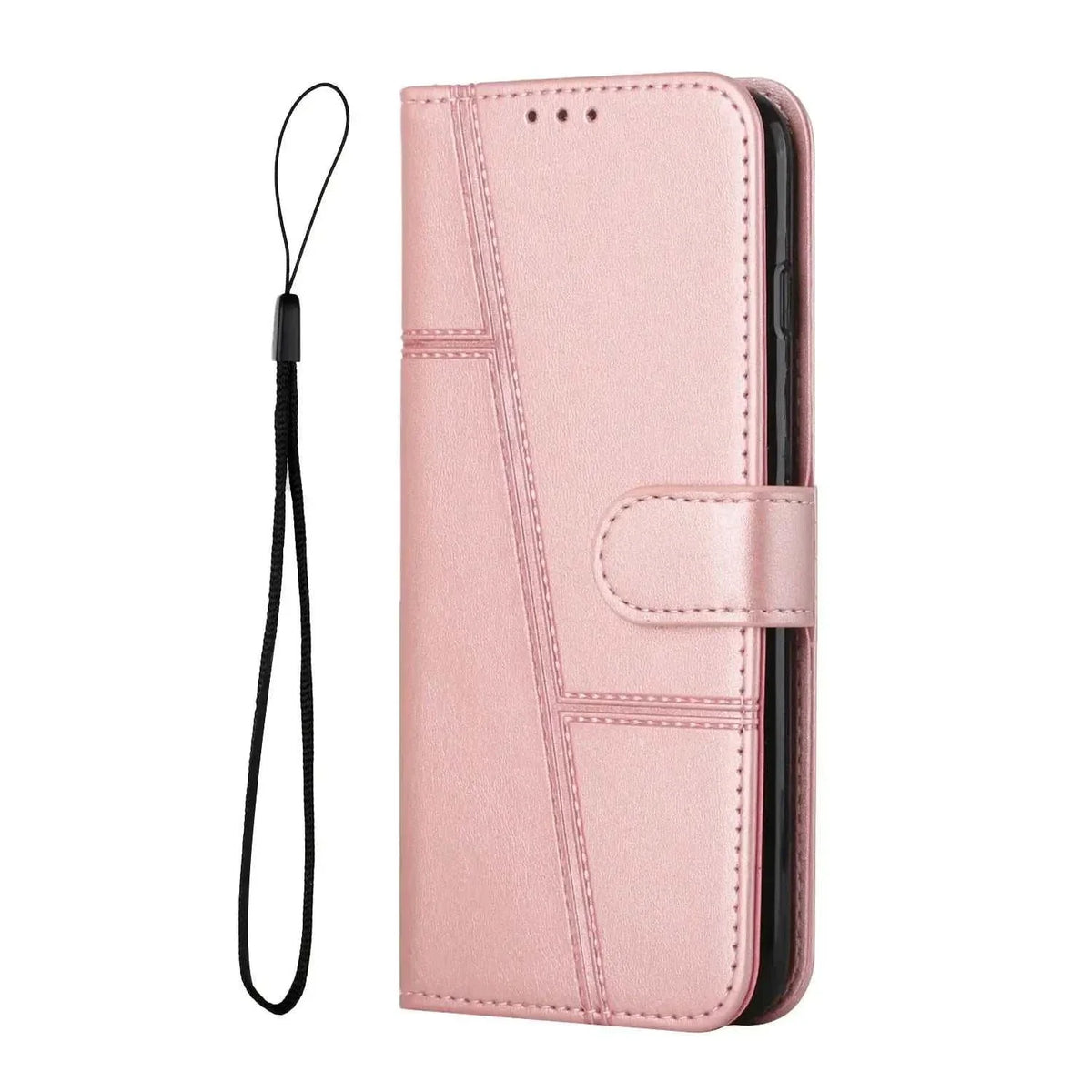 Samsung Galaxy flip wallet case in pale pink leather-look material, with stitched geometric panels, magnetic strap and wrist lanyard