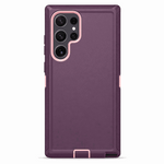 Samsung Galaxy phone case in plum-purple armor with pink accents, raised multi-lens camera bezel and a kickstand