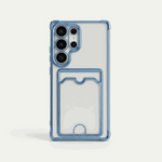 Samsung Galaxy - Pocket Wallet clear case with blue protective edging, transparent back, raised camera guard and rear card pocket.