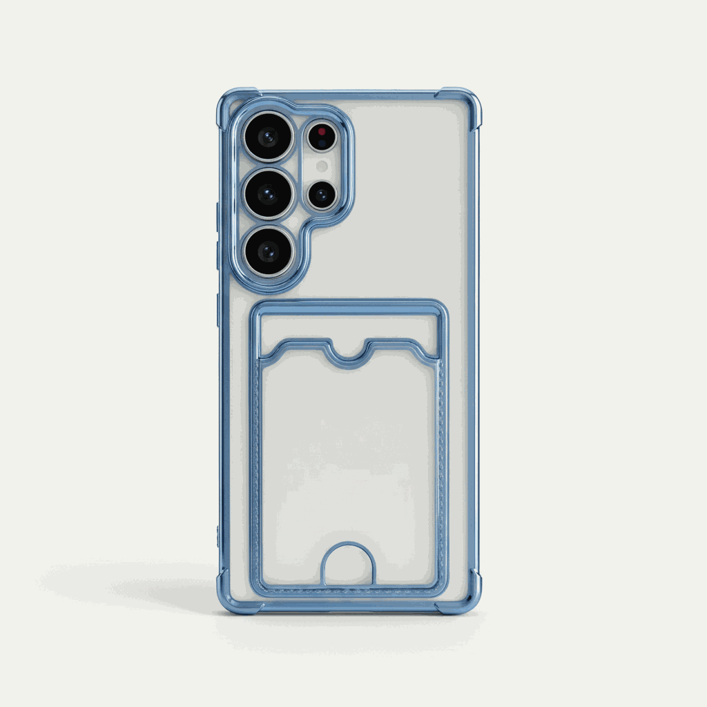 Samsung Galaxy - Pocket Wallet clear case with blue protective edging, transparent back, raised camera guard and rear card pocket.