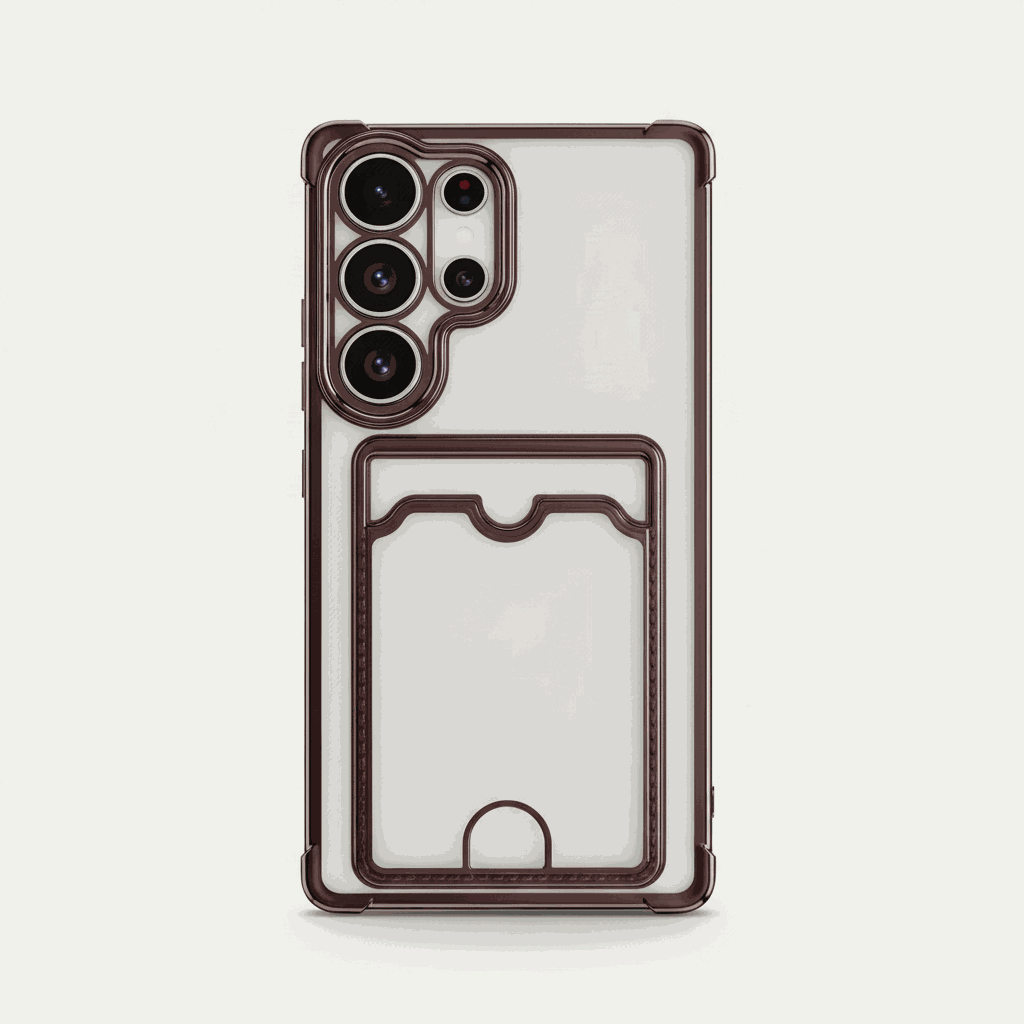 Samsung Galaxy - Pocket Wallet clear case with a transparent back, dark brown raised border, and built-in rear card pocket