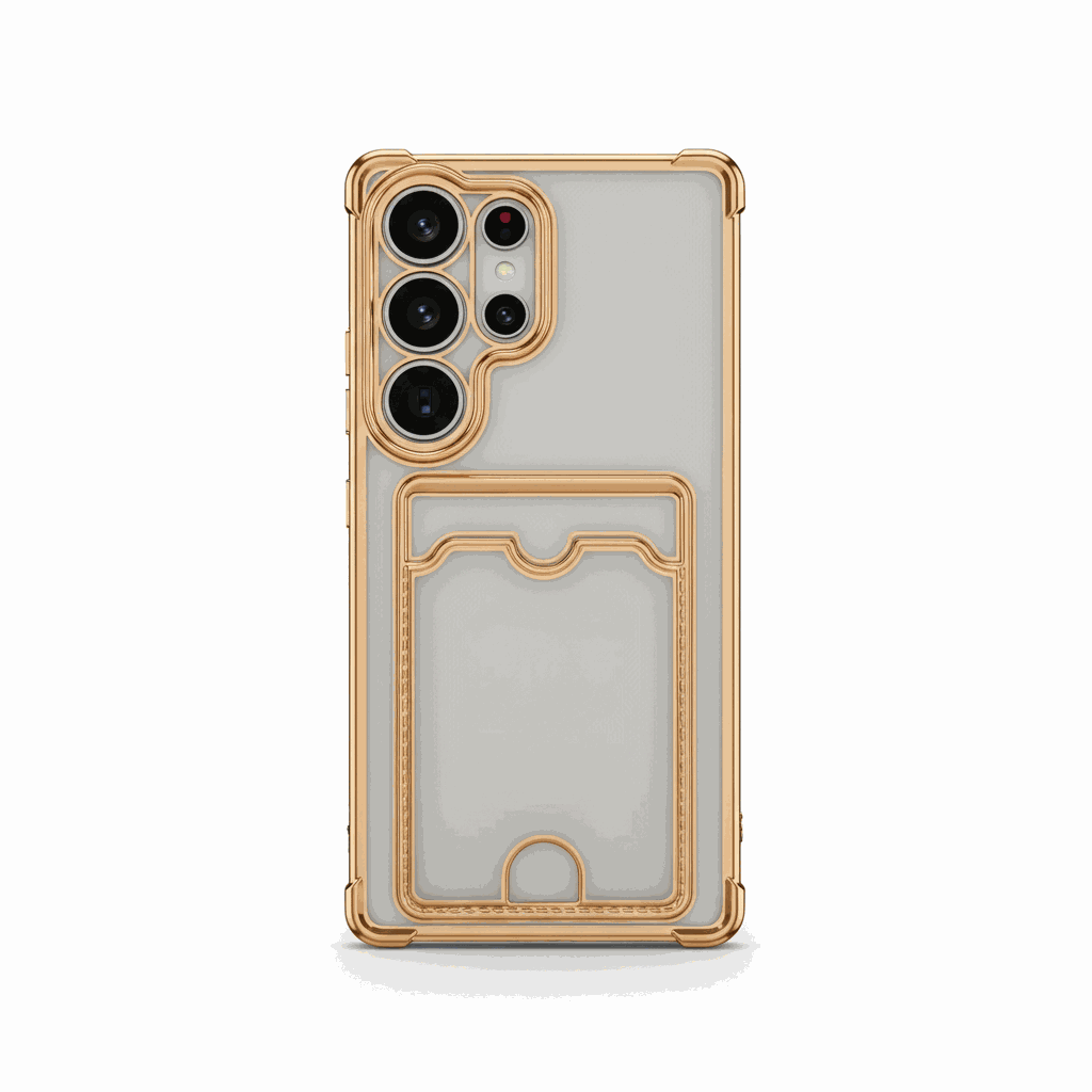 Samsung Galaxy - Pocket Wallet clear case with a gold-tone flexible frame, transparent back and built-in rear card pocket