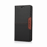 Samsung Galaxy - Premium Leather Look wallet flip case in black textured leather-look material with brown stitching and closure tab