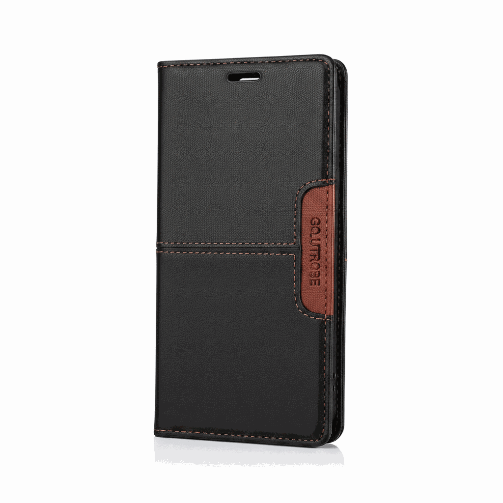 Samsung Galaxy - Premium Leather Look wallet flip case in black textured leather-look material with brown stitching and closure tab