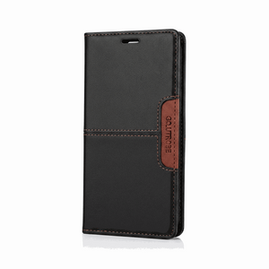 Samsung Galaxy - Premium Leather Look wallet flip case in black textured leather-look material with brown stitching and closure tab