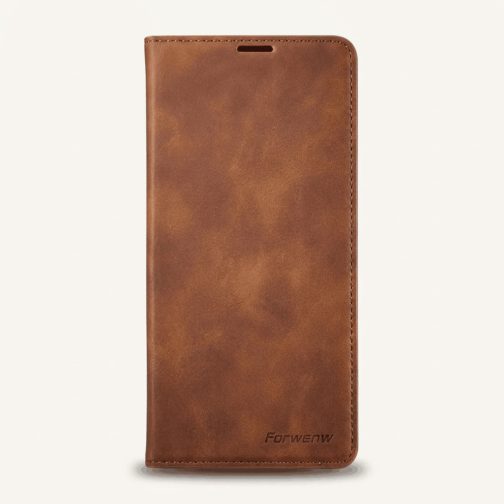 Samsung Galaxy - Premium Leather Look wallet case in brown textured faux leather, with stitched edges and magnetic folio cover