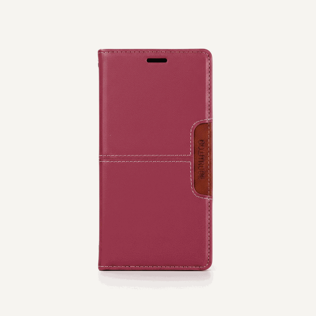 Samsung Galaxy - Premium Leather Look wallet flip case in burgundy textured material with white stitching and magnetic side tab