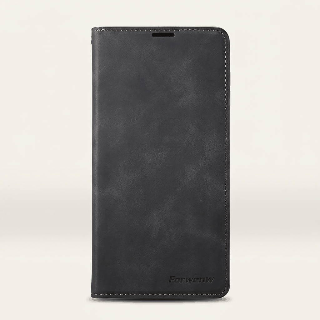 Samsung Galaxy - Premium Leather Look wallet case in charcoal black textured faux leather with stitched edges and folio closure