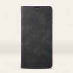 Samsung Galaxy - Premium Leather Look wallet case in charcoal black textured faux leather with stitched edges and folio closure