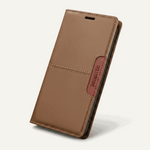 Samsung Galaxy - Premium Leather Look wallet flip case in tan textured leather-look material with stitched panels and magnetic side closure