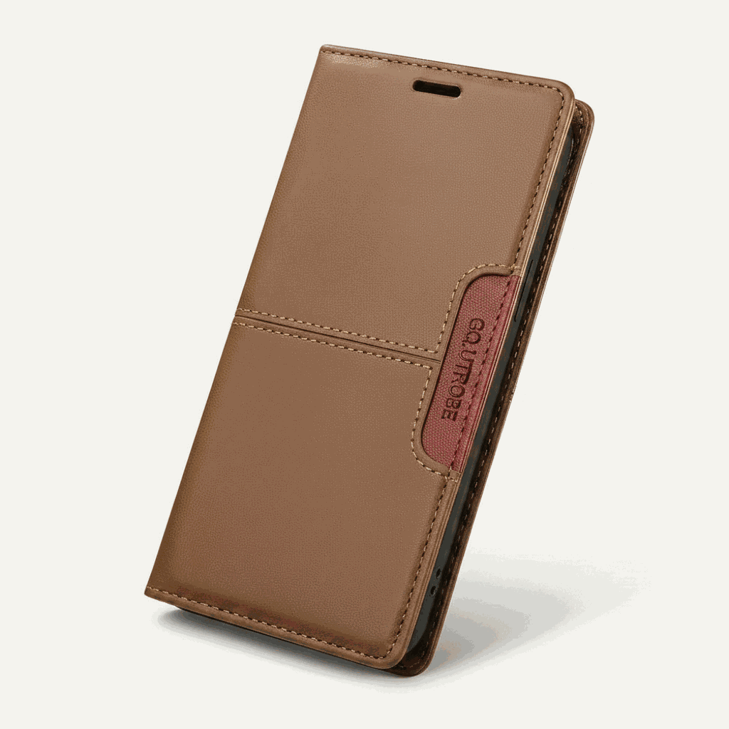 Samsung Galaxy - Premium Leather Look wallet flip case in tan textured leather-look material with stitched panels and magnetic side closure