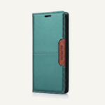 Samsung Galaxy - Premium Leather Look wallet flip case in teal textured material with contrast stitching and brown magnetic tab