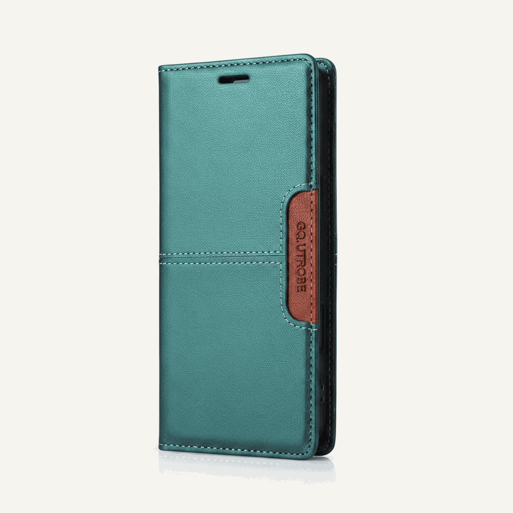 Samsung Galaxy - Premium Leather Look wallet flip case in teal textured material with contrast stitching and brown magnetic tab