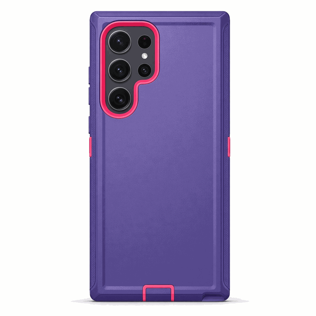 Samsung Galaxy armor phone case in purple with a textured back, raised hot-pink camera rim and reinforced corner bumpers