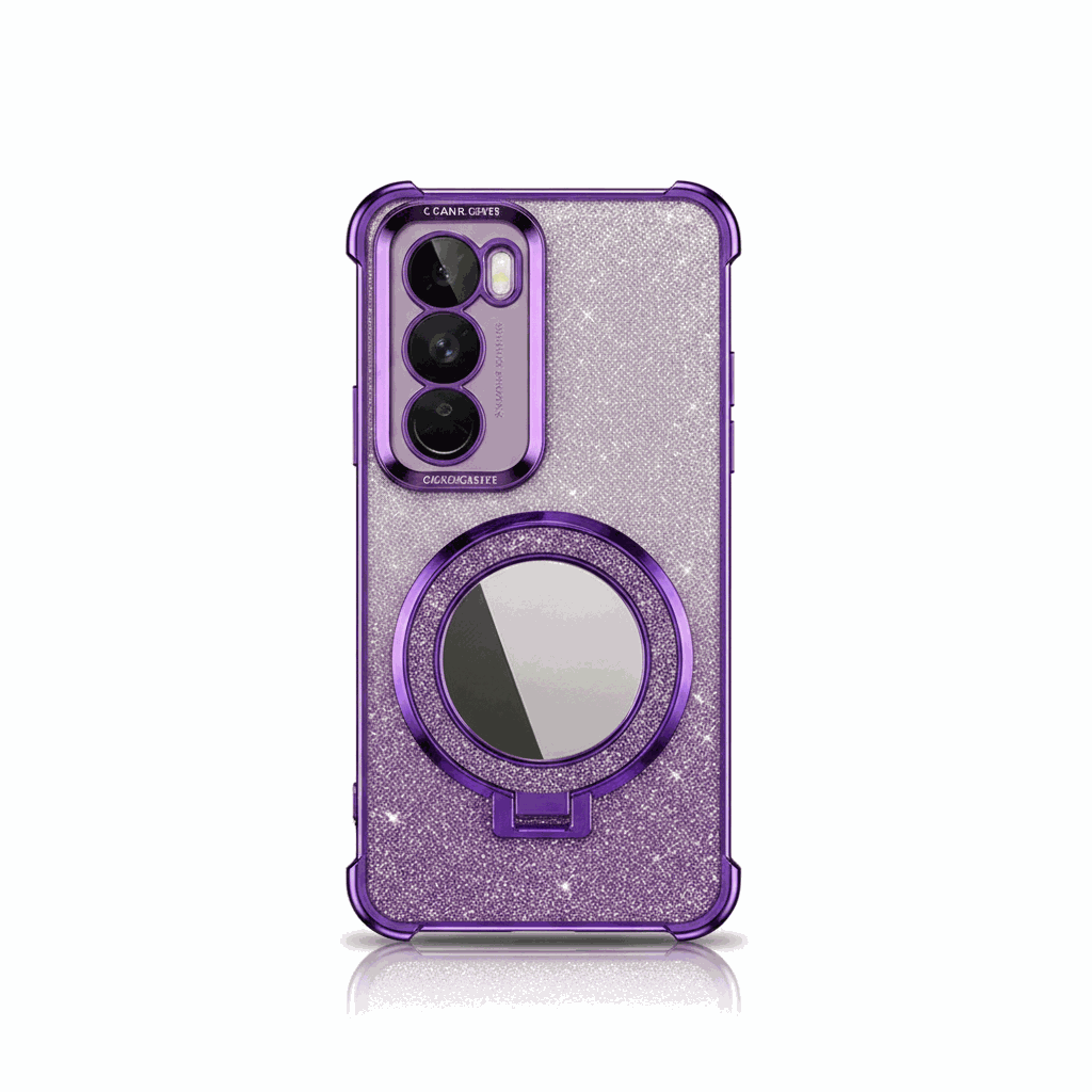 Samsung Galaxy phone case with a glittery purple finish, reflective circular mirror and built-in kickstand