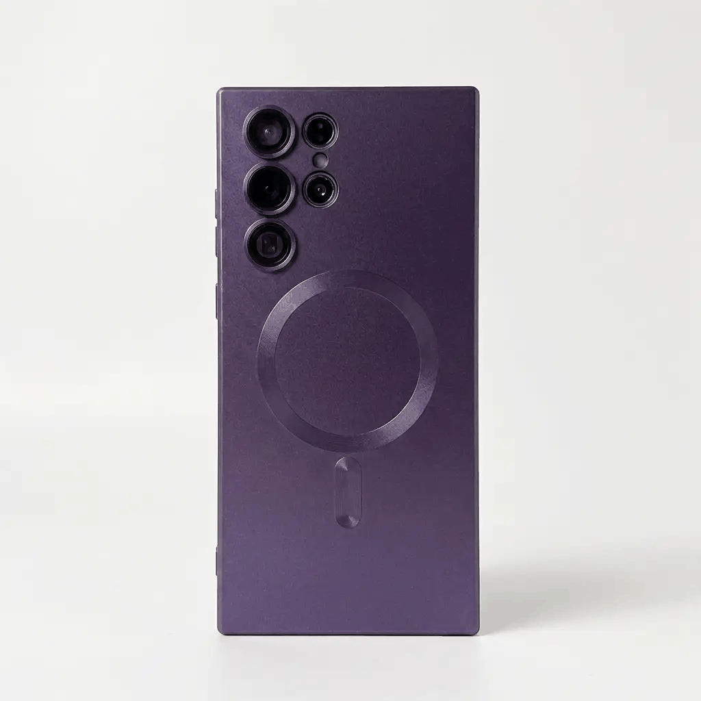 Samsung Galaxy case in deep purple matte finish, with a slim shell, raised camera cutouts and a circular magnetic ring