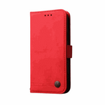 Samsung Galaxy flip wallet case in bright red leather-look material, with stitched edges, magnetic tab and decorative metal button