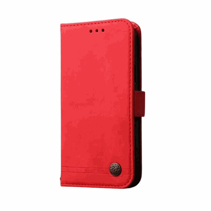 Samsung Galaxy flip wallet case in bright red leather-look material, with stitched edges, magnetic tab and decorative metal button