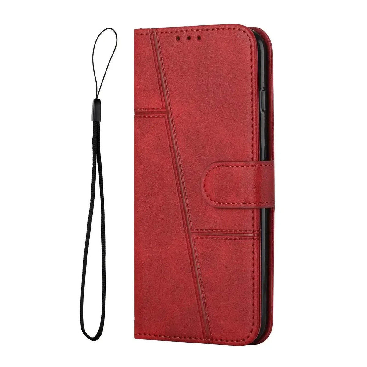 Samsung Galaxy flip wallet case in red leather-look material with stitched panels, magnetic clasp and black wrist strap