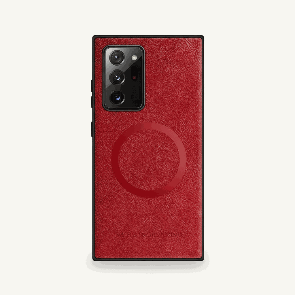 Samsung Galaxy rugged case in red textured leather-look material, with a black protective frame and circular magnetic ring