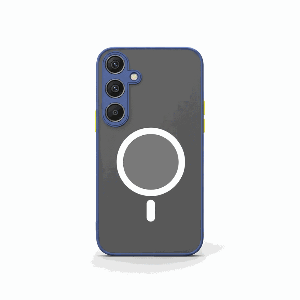 Samsung Galaxy - Shockproof Armor case in charcoal matte material with blue edging, triple camera cutouts and white ring.