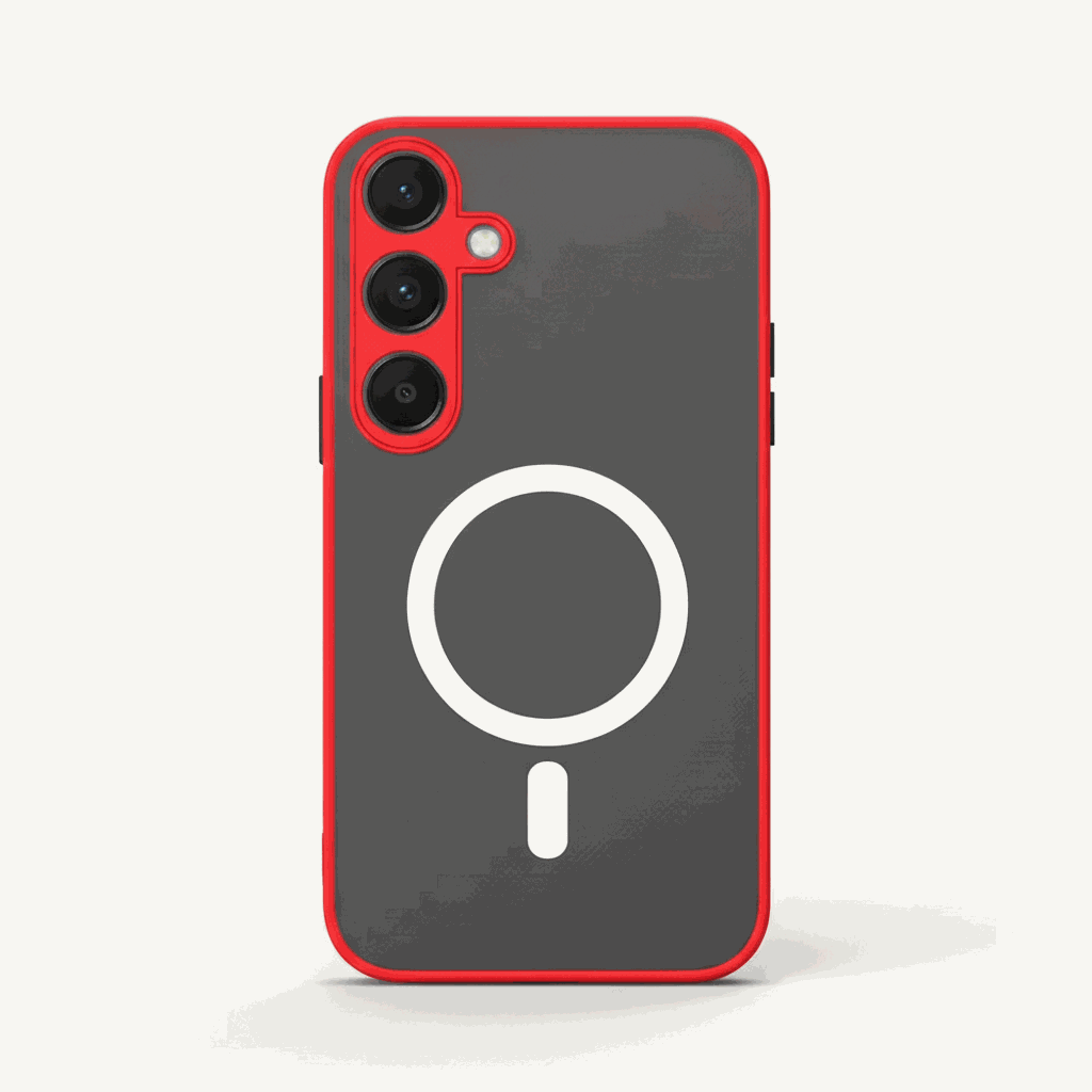 Samsung Galaxy - Shockproof Armor case with a dark gray matte back, bright red edges, and white magnetic ring