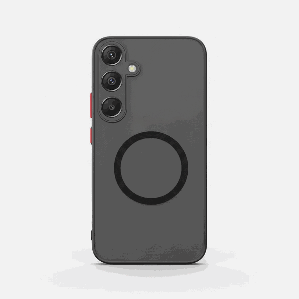 Samsung Galaxy - Shockproof Armor case in dark grey matte finish with a black circular magnetic ring and raised camera cutouts