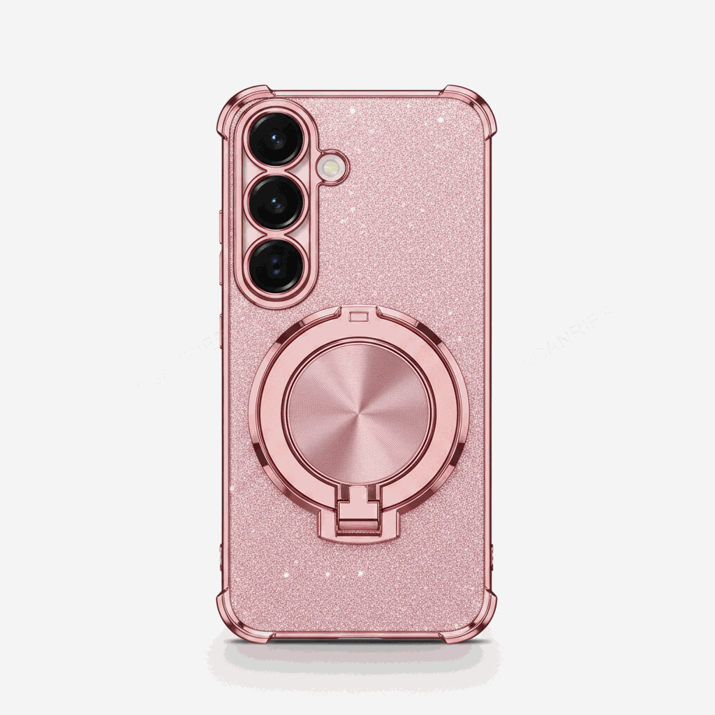 Samsung Galaxy - Shockproof Case in sparkling rose gold with a circular metallic ring stand and raised camera guards