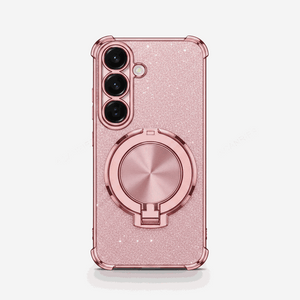 Samsung Galaxy - Shockproof Case in sparkling rose gold with a circular metallic ring stand and raised camera guards