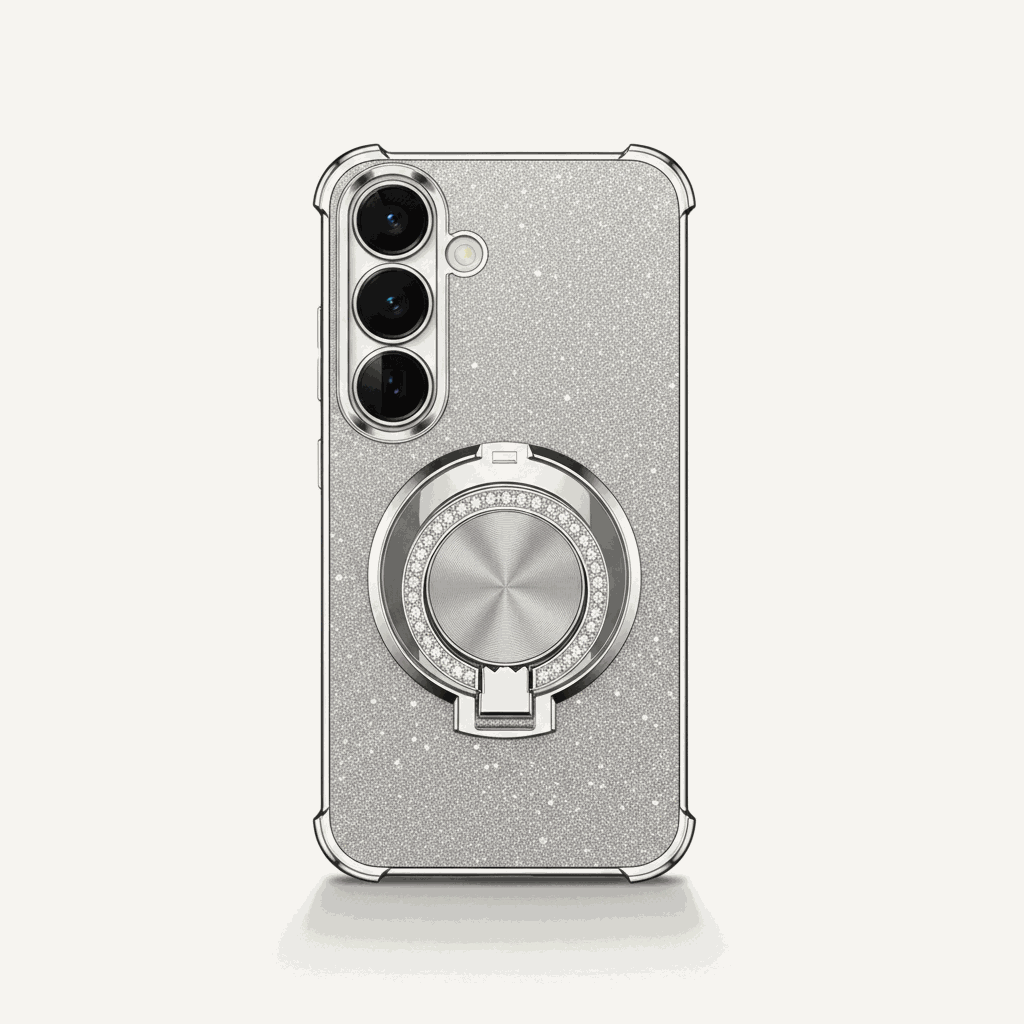 Samsung Galaxy - Shockproof Case in silver glitter with clear reinforced edges, triple camera cutout and circular ring kickstand