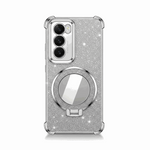 Samsung Galaxy phone case in silver glitter with a reflective mirror ring and built-in fold-out stand