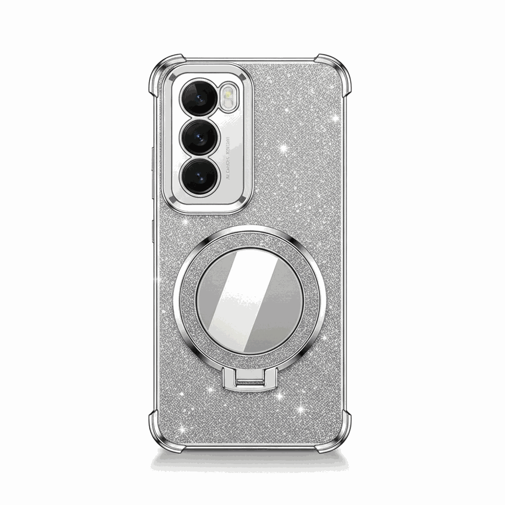 Samsung Galaxy phone case in silver glitter with a reflective mirror ring and built-in fold-out stand