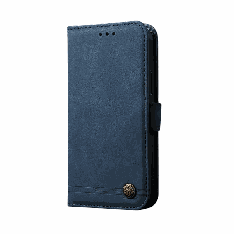 Samsung Galaxy - Stylish Leather Look flip wallet case in navy blue faux leather, with stitched edges and a decorative clasp