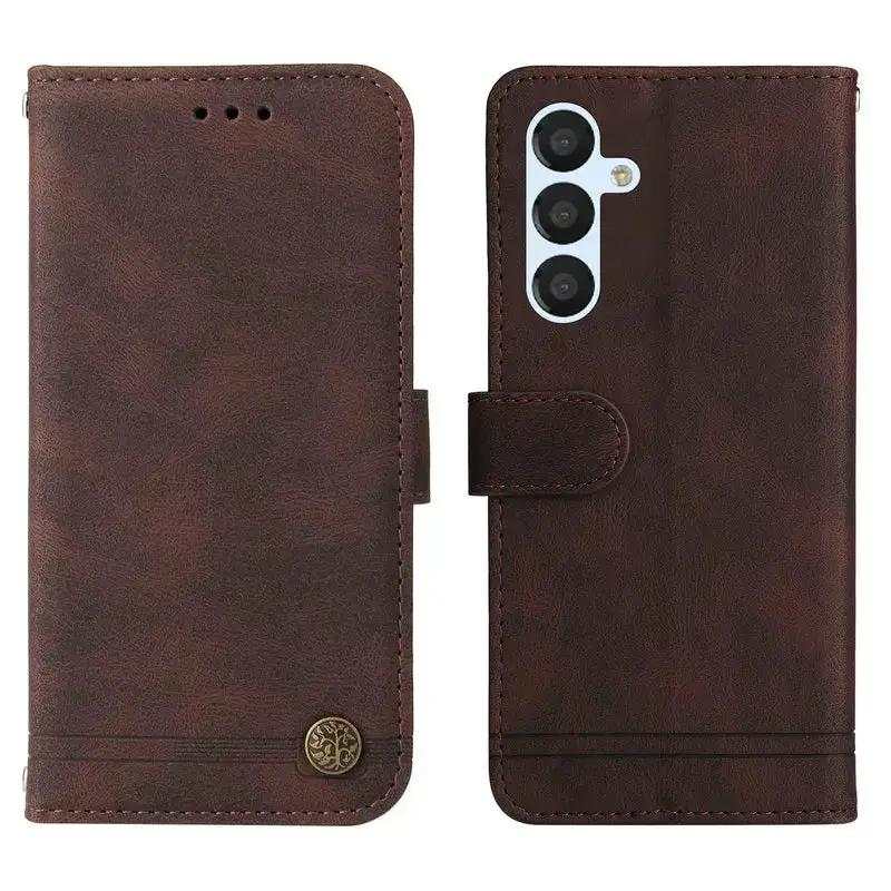 Samsung Galaxy - Stylish Leather Look flip wallet case in dark brown textured material with stitched edges and magnetic clasp