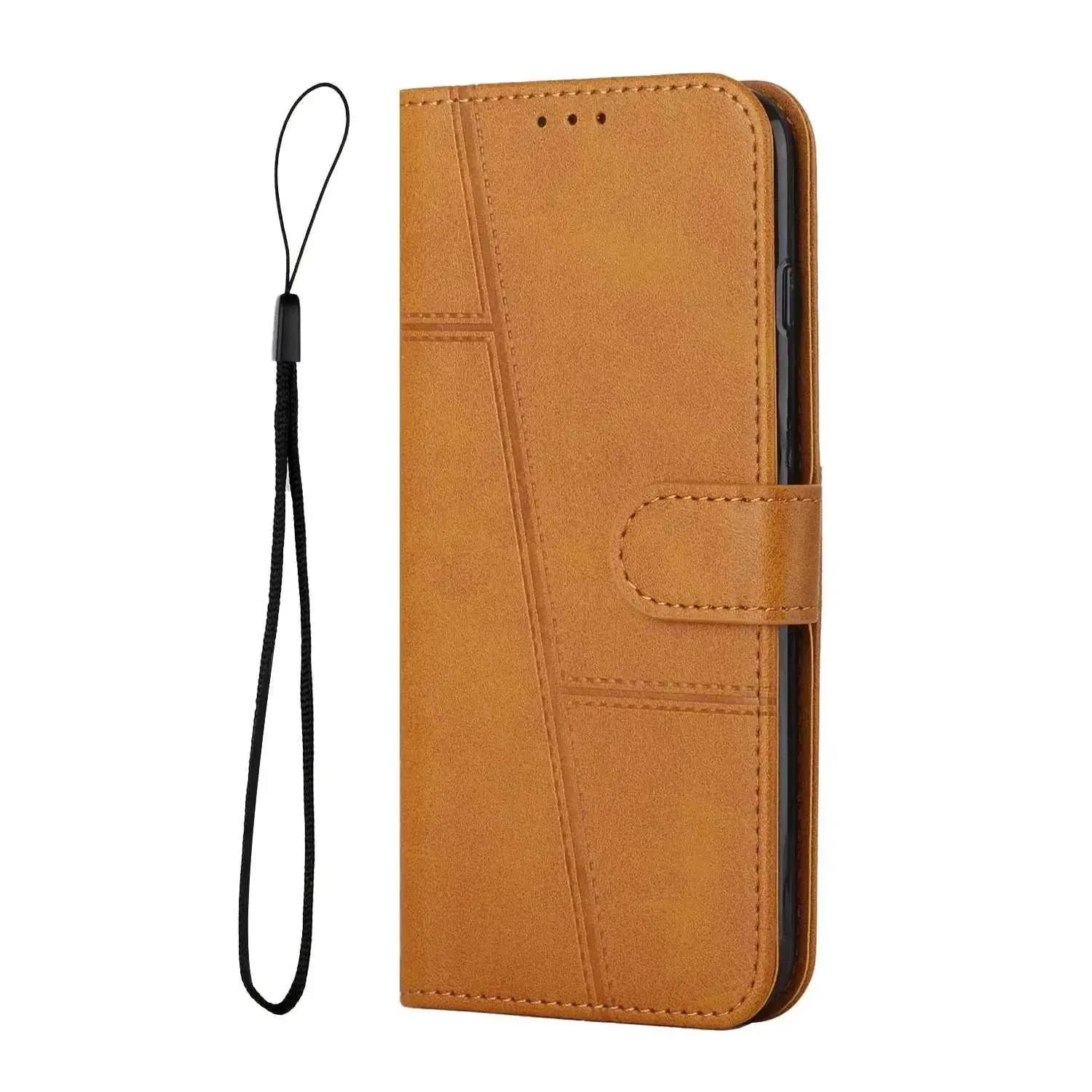 Samsung Galaxy flip wallet case in tan leather-look material with stitched texture, magnetic clasp and detachable wrist strap