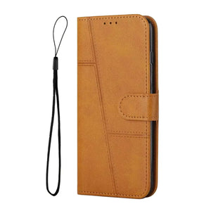 Samsung Galaxy flip wallet case in tan leather-look material with stitched texture, magnetic clasp and detachable wrist strap