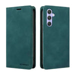 Samsung Galaxy flip case in deep teal leather-look material with stitched edges, magnetic cover and camera cutout