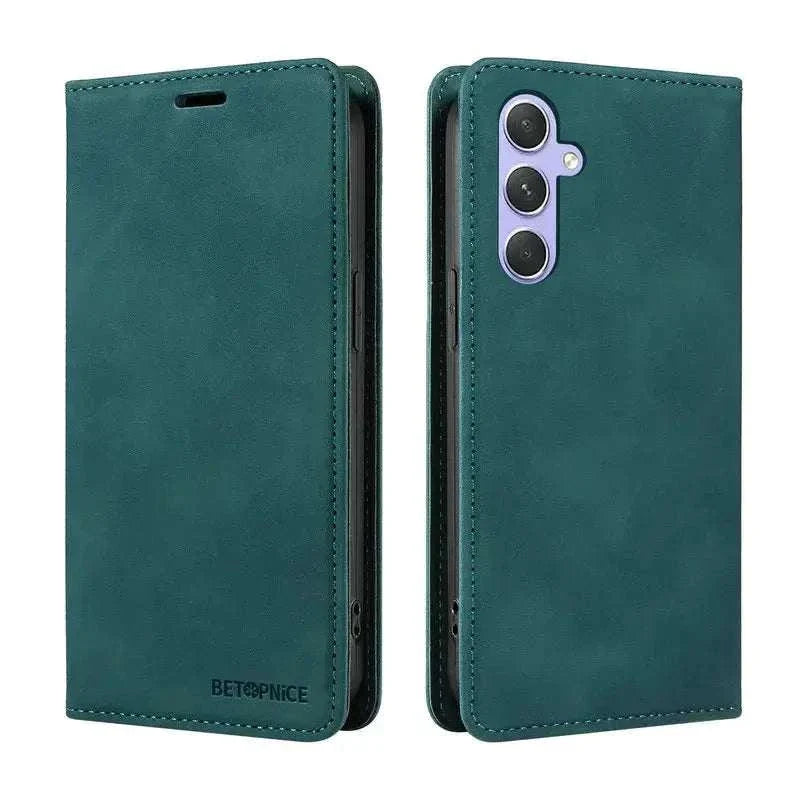 Samsung Galaxy flip case in deep teal leather-look material with stitched edges, magnetic cover and camera cutout
